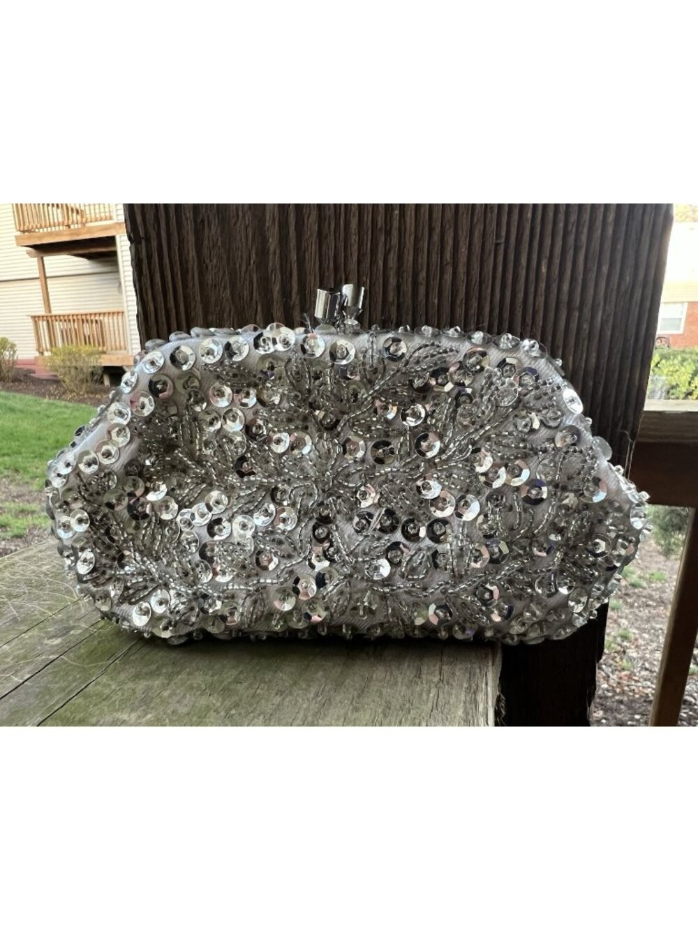 Vintage 50s ADG silver sequins beaded flapper disco clutch kisslock Hong Kong